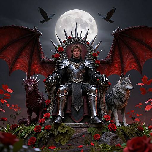 Digital artwork of armored, demon-winged king with crown of spikes, red roses, full moon, wolves, and black birds. Dark, gothic