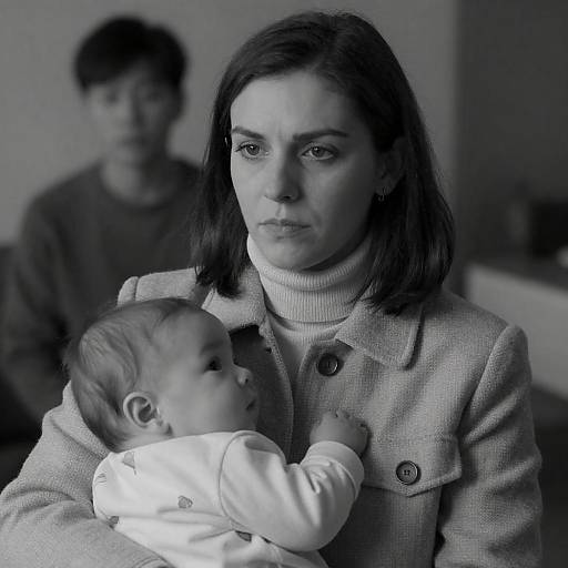 Serious Mother with Baby in Focus