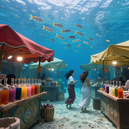 Photograph of an underwater market with colorful fish swimming above, two women in white and brown dresses browsing vibrant drinks under red and yellow canopies, sandy