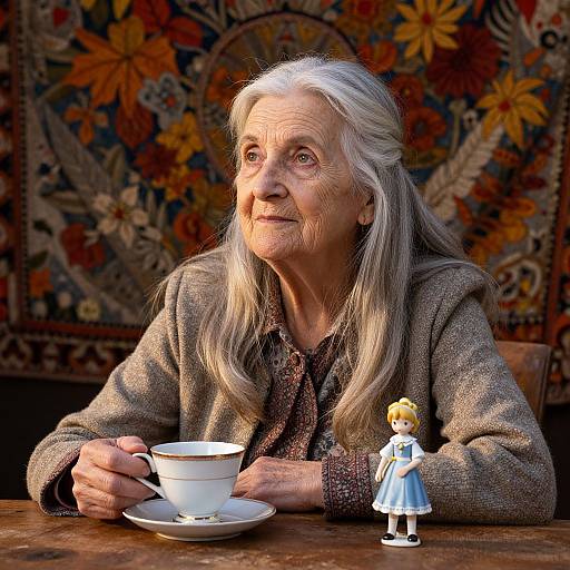 Photograph of elderly woman with long white hair, wearing brown cardigan, holding teacup, small doll on table, floral tapestry background.