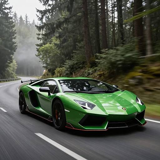 Photograph of a sleek, green Lamborghini Aventador racing on a winding forest road, surrounded by tall trees and mist.