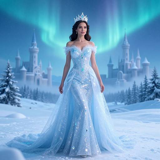 Photograph of a fair-skinned woman with dark hair, wearing a sparkling silver off-shoulder gown and silver crown, standing in a snowy landscape