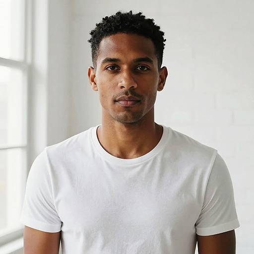 Photograph of a young black man with short, curly hair, wearing a plain white t-shirt, standing in a brightly lit room.