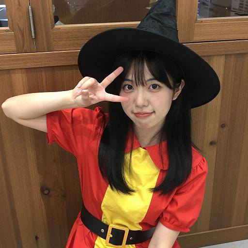 Playful Asian Woman in Wizard Costume