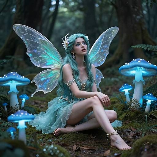 Photograph of a fair-skinned fairy with turquoise hair, translucent wings, and a floral crown, seated in a mystical forest, surrounded by glowing blue