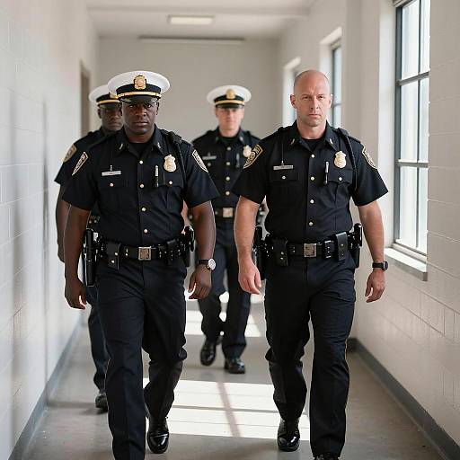 Two Officers Patrolling a Sunlit Hallway