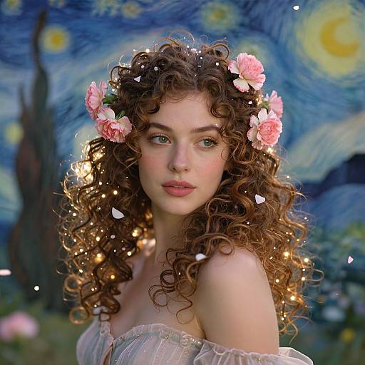 Photograph-style digital art of a fair-skinned woman with curly brown hair, pink flower crown, glowing fairy lights, and off-shoulder white