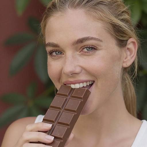 Blonde Woman Eating Chocolate Bar