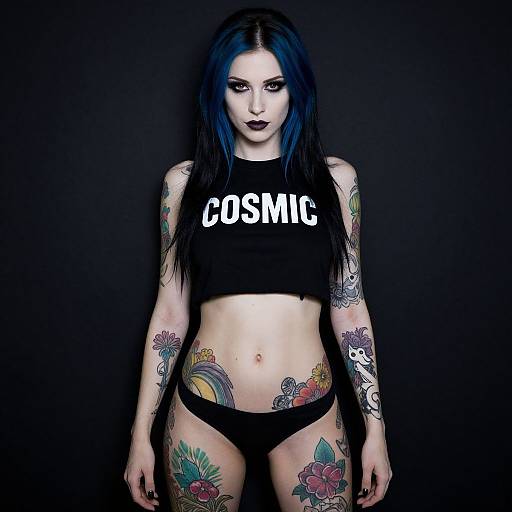 Photograph of a pale-skinned, blue-haired woman with dark makeup, black 