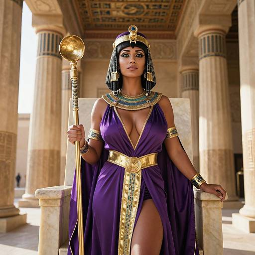 Photorealistic image of a voluptuous, dark-skinned woman with large breasts, wearing a deep purple Egyptian queen outfit, holding a golden staff,