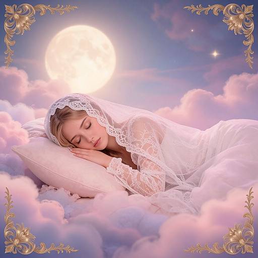 Photograph of a sleeping blonde bride in a white lace veil and gown, lying on a pillow among pink clouds with a bright moon in the purple sky