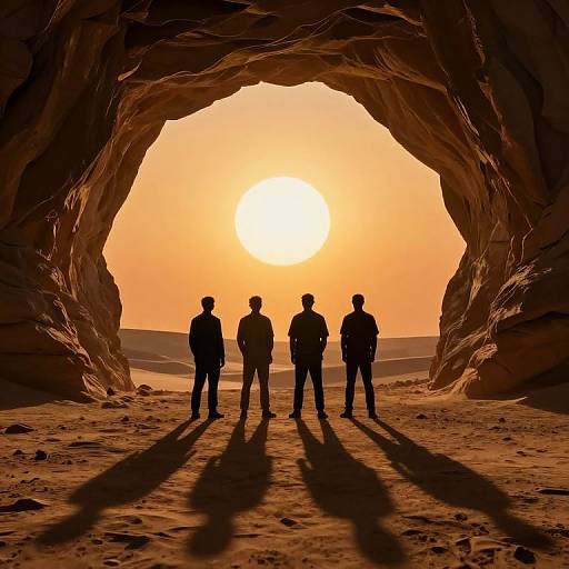 Photograph of four silhouetted men standing in a rocky desert cave at sunset, casting long shadows on the sandy floor.