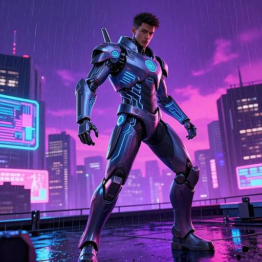 CGI image of a muscular man in neon blue and purple cyber armor standing confidently in a rainy, neon-lit futuristic cityscape.