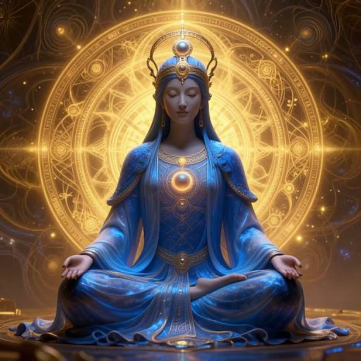 Digital artwork of a serene, blue-robed, East Asian woman meditating in lotus position, adorned with a golden crown, against a glowing,