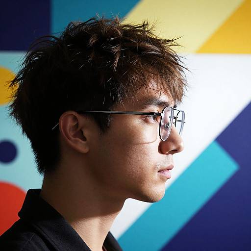 Photograph of an Asian man with spiky brown hair, glasses, and black shirt, in profile against colorful, abstract background.