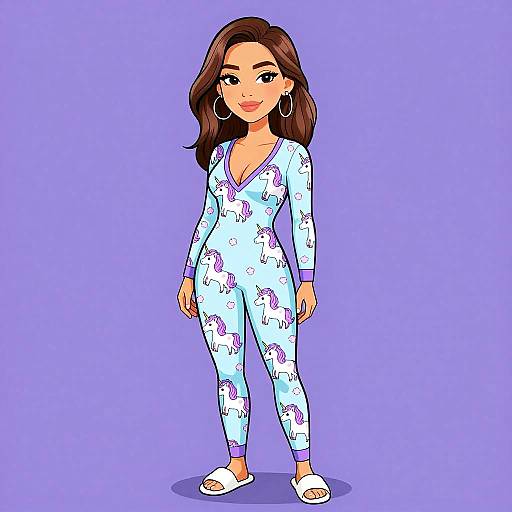 Digital cartoon of a smiling woman with dark brown hair, wearing a light blue, long-sleeve pajama onesie with purple unicorn patterns, white