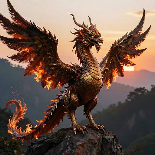 Digital illustration of a fiery, black-scaled dragon with glowing red eyes and wings, standing on a rocky peak at sunset.