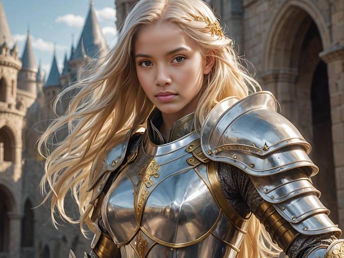 Female Knight in Silver Armor with Long Blonde Hair