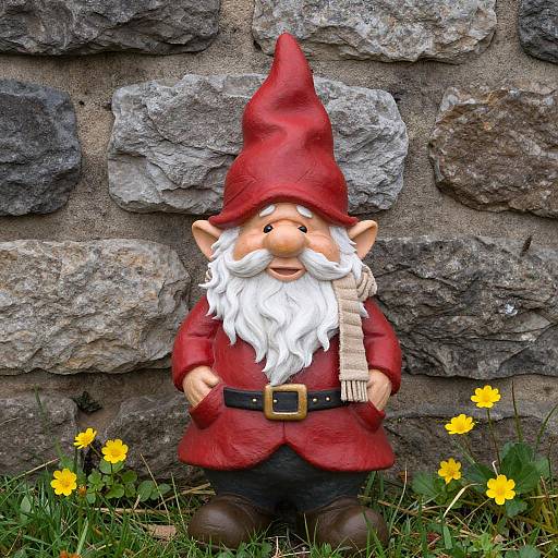 Photograph of a whimsical garden gnome with a red hat, white beard, red coat, and black belt, standing against a stone wall, surrounded
