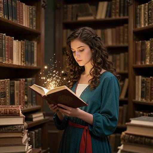 Photograph of a young woman with curly brown hair, wearing a teal dress, reading a magic book in a dimly lit library, surrounded by sparkling