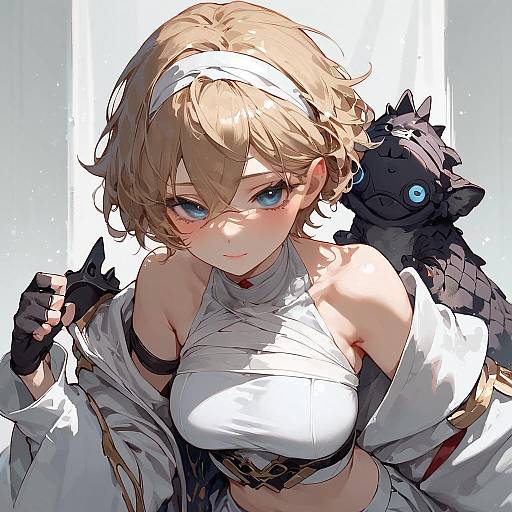 Anime Girl with White Hairband and Dragon Plush