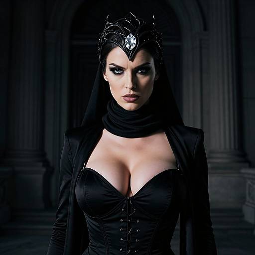 Gothic-style photograph of a pale-skinned woman with dark makeup, black corset, and dramatic headpiece, set against a dark, arch