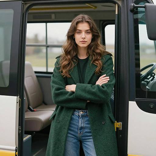 Young Woman by Open Bus Door