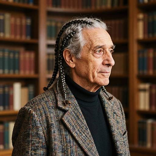 Photograph of an elderly man with gray hair in braids, wearing a checkered blazer and black turtleneck, standing in a library with