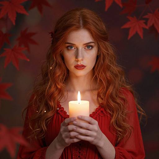 Photograph of a fair-skinned woman with long red hair, blue eyes, and red dress, holding a lit candle against a dark, red-le