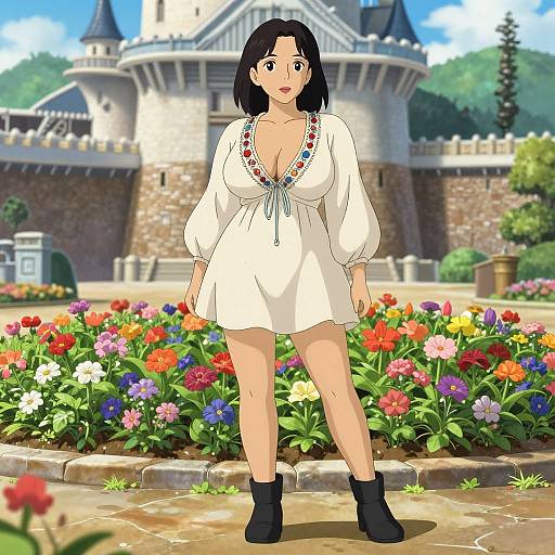 Anime-style woman with black hair, large breasts, white dress with floral embroidery, black boots, standing in front of a castle with vibrant flower garden.