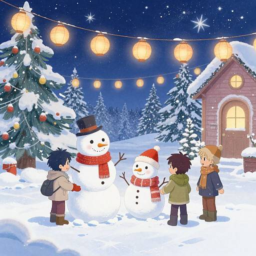 Anime-style winter scene: five children build a snowman, surrounded by snow-covered trees and a lit wooden house, with glowing string lights overhead.