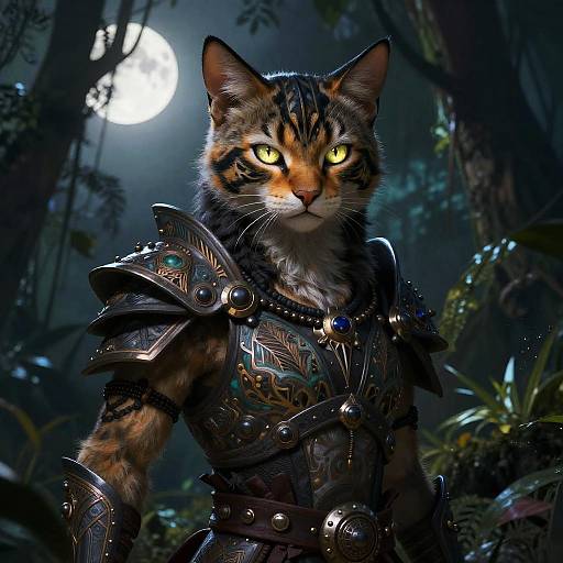 Digital art of a fierce tabby cat warrior with glowing yellow eyes, wearing detailed, metallic armor in a moonlit forest.