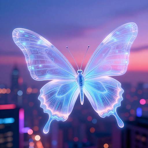 Photograph of a glowing, blue neon butterfly with detailed wireframe wings, set against a blurred city skyline at dusk.