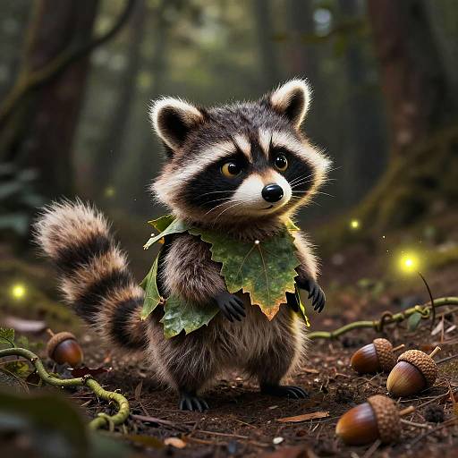 Digital art of an adorable, anthropomorphic raccoon with a green leaf necklace, standing in a forest, surrounded by glowing fireflies and acorns.