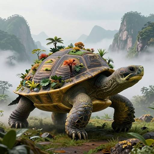 Digital artwork of a giant, flower-adorned tortoise with detailed scales, standing in a misty, lush jungle with towering cliffs.