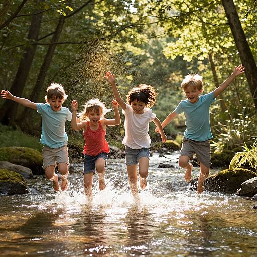 Photograph of four children, three boys and one girl, joyfully jumping in a sunlit forest creek, splashing water, wearing casual clothes.