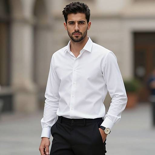 Photograph of a handsome, dark-haired, bearded man in a crisp white shirt and black pants, standing confidently with hands in pockets, urban background