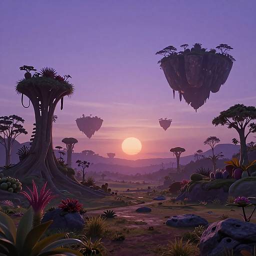 Fantasy sunset landscape with floating islands, purple sky, tall tree-like structures, and vibrant alien flora, depicted in digital art.