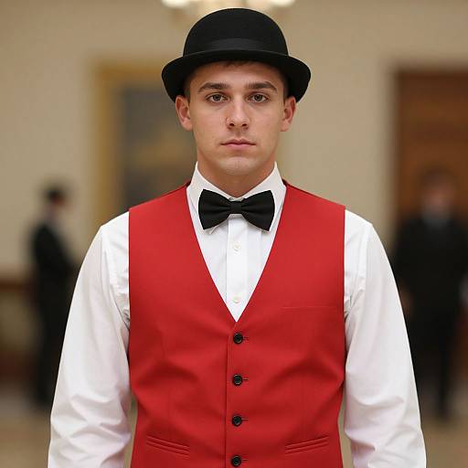 Photograph of a young man with fair skin, black bowler hat, black bow tie, red vest, white shirt, standing in a blurred,