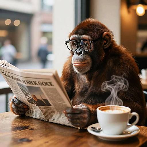 Ape Reading Newspaper at Cozy Cafe