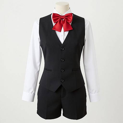 Photograph of a formal black vest suit with white shirt, black buttons, and red satin bow tie, displayed on a headless mannequin against