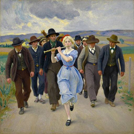 Impressionist painting of a blonde woman in a blue dress playing a flute, surrounded by men in Victorian attire walking on a rural path with a cloudy