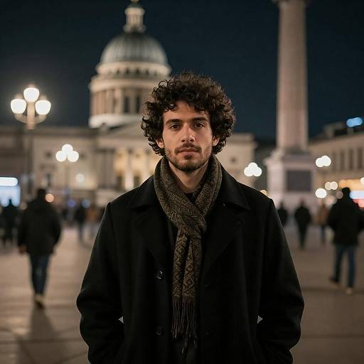 Nighttime Portrait in a City Square