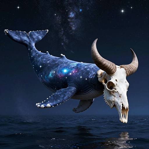 Surreal Cosmic Whale with Bison Skull