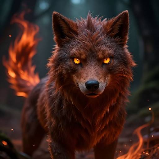 Digital art of a fierce, glowing-eyed, brown wolf with fiery tail in a dark, mystical forest, illuminated by orange embers.