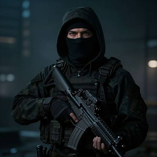 Ultra-Detailed Military Assassin in Foggy City