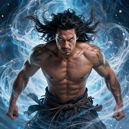Muscular, tattooed, shirtless man with wild black hair and glowing blue eyes, surrounded by swirling blue energy, wearing dark loincloth,