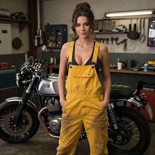 Photograph of a confident woman with curly hair, wearing yellow overalls and black bra, standing in a workshop with a silver motorcycle behind her.