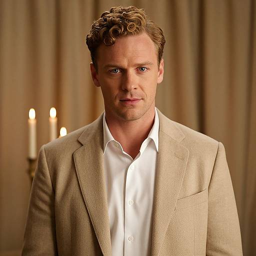 Photograph of a handsome man with curly brown hair, wearing a beige blazer and white shirt, standing in front of a warmly lit, beige curtain
