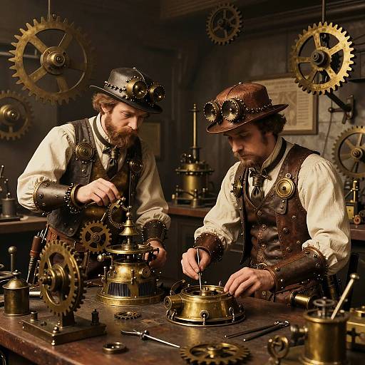 Photograph of two bearded men in steampunk attire, working with intricate brass gears and machinery in a dimly lit workshop.